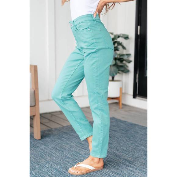 NEW JUDY BLUE high rise garment dyed slim jeans in aquamarine - Picture 3 of 4